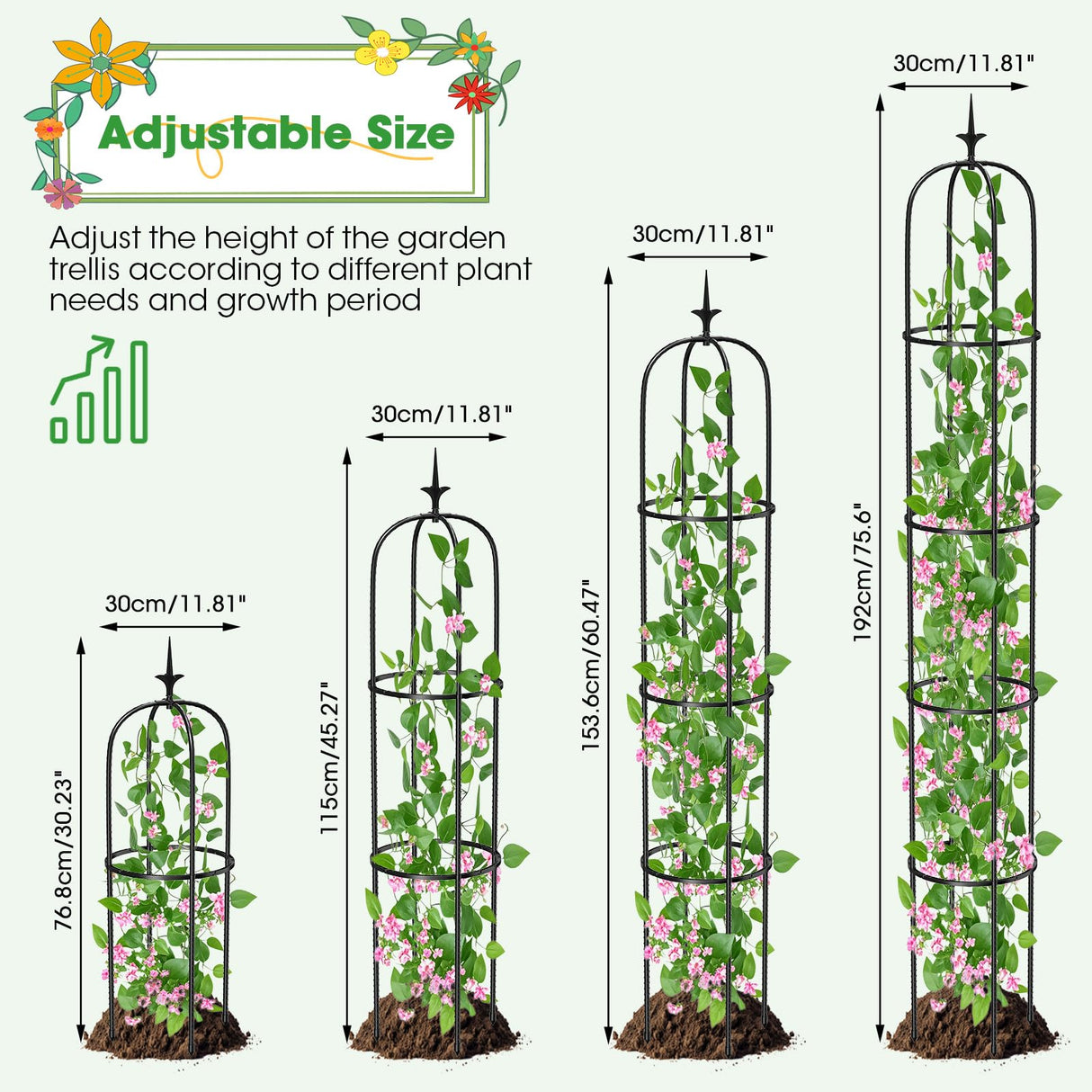 Tower Obelisk Garden Trellis for Climbing Plant，6.3FT/75.6" Rustproof Metal Potted Plant Climbing Support for Indoor Outdoor Flowers Vegetable Fruits Vines Support (2PCS)