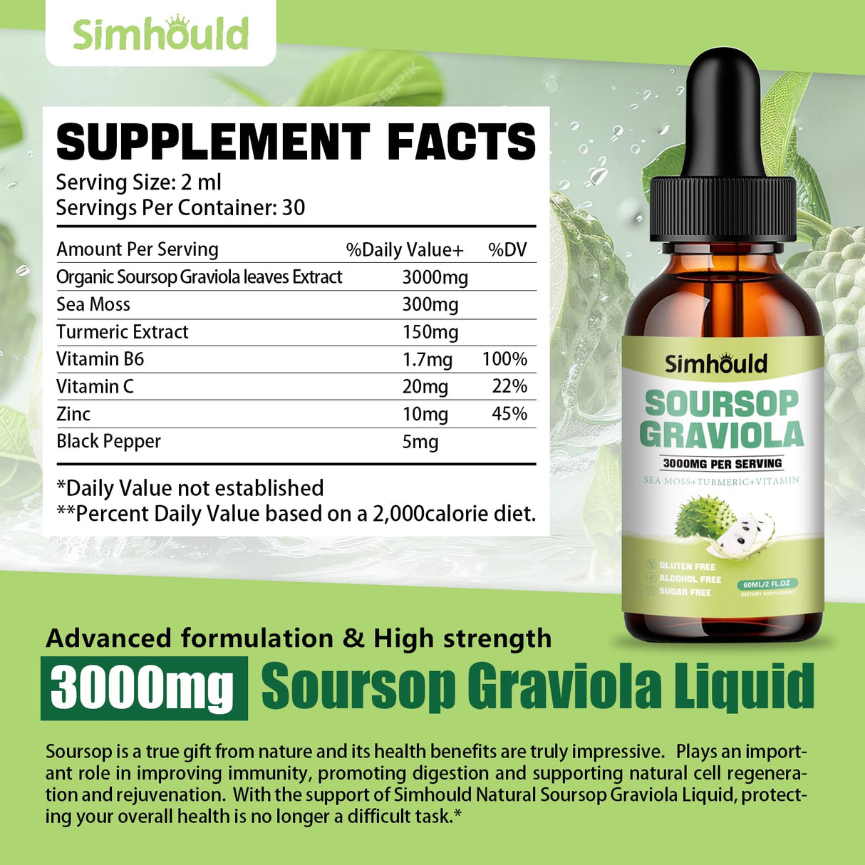 2 Packs 3000MG Soursop Bitters Liquid Drops for Cell Support & Regeneration, Immune, Gut, Antioxidant, Mood, Relax, Liver and Sleep Zzz - Soursop Graviola Sea Moss, Turmeric, Vitamin B6, C - 4 Fl Oz