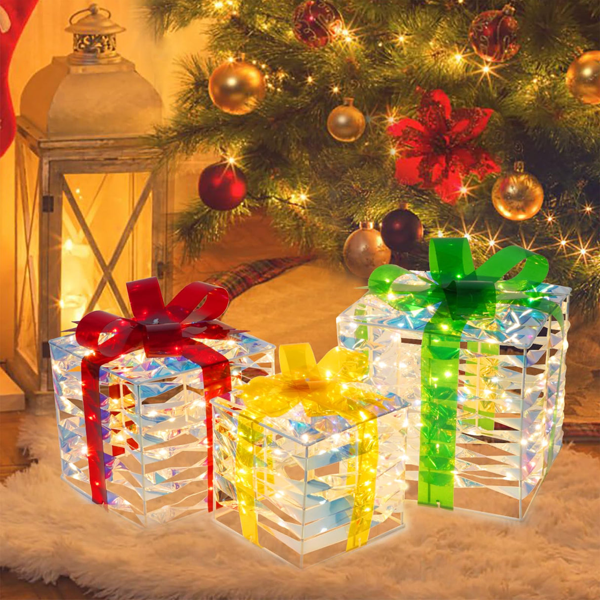 Set of 3 Christmas Lighted Gift Boxes with 140 LED Lights, Plug-in Holiday Decorations for Xmas Tree, Home, Indoor Outdoor Décor