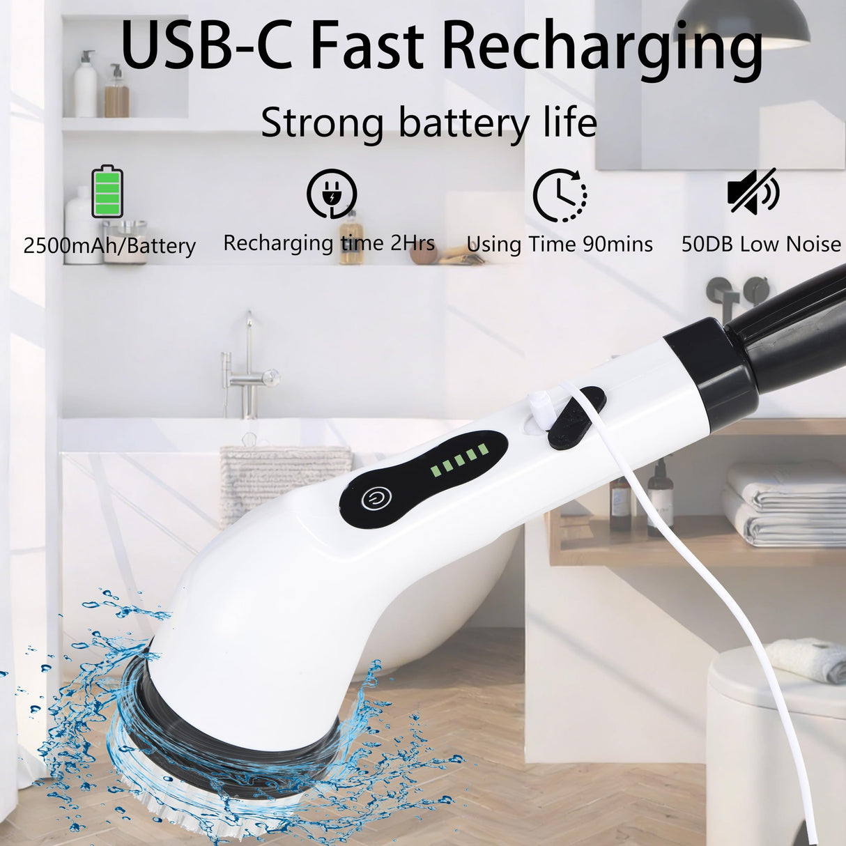 Electric Spin Scrubber Shower Cleaner Brush Cordless Power Cleaning 8 Brush Heads Extendable Handle 3 Adjustable 2 Speeds IPX7 Waterproof for Bathroom Kitchen