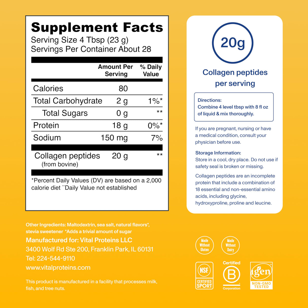 Vital Proteins Collagen Peptides Powder - Grass Fed Collagen Peptides for Hair, Nail, Skin, Bone & Joint Health, Vanilla, 23.2 Ounces