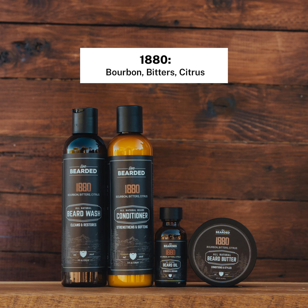 Live Bearded Complete Beard Grooming Kit - Wash, Conditioner, Butter and Oil - Made in the USA with All-Natural Ingredients - Mens Groom Set | 1880 Scent - Bourbon, Bitters, Citrus