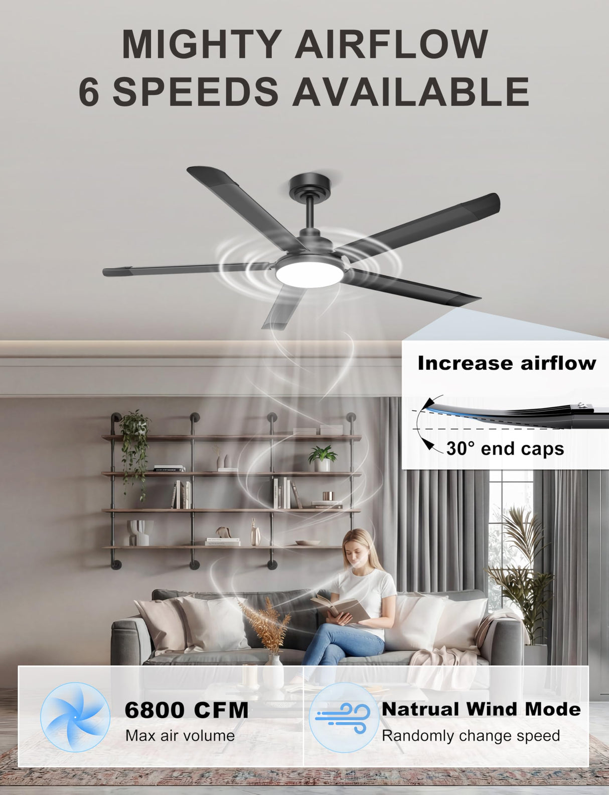 Ohniyou 60'' Ceiling Fan with Lights, Industrial Ceiling Fan with 5 Aluminum Blades, App/Remote Controlled, Dimmable, for Outdoor Patio, Garage, Black