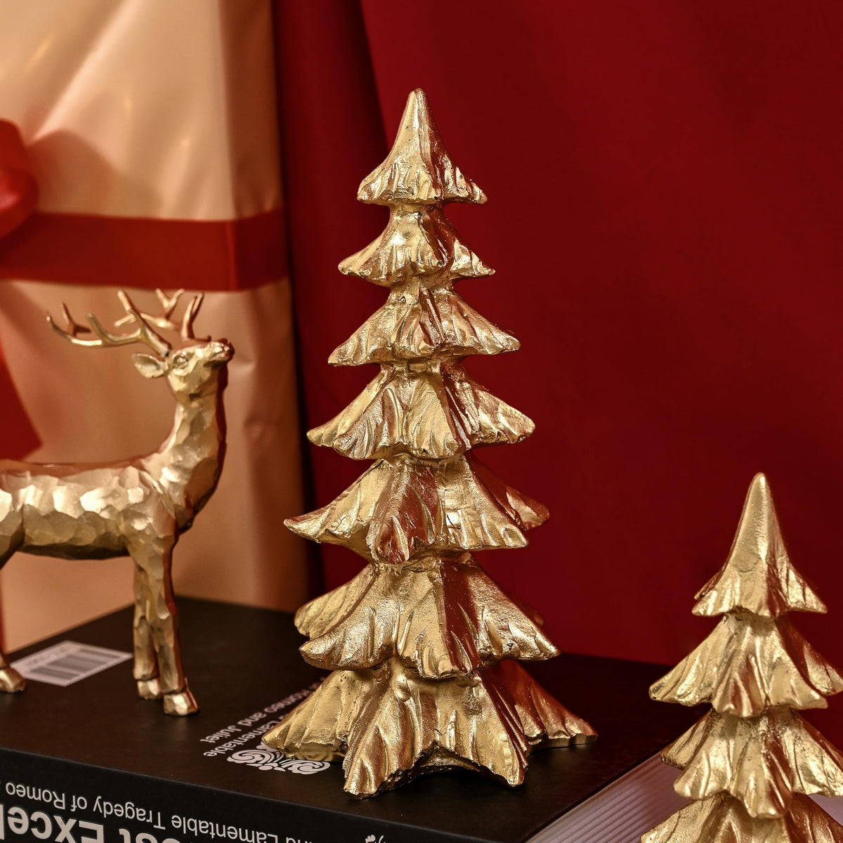 FESTGLOX Gold Christmas Tree Figurines,Small Resin Christmas Tabletop Trees
