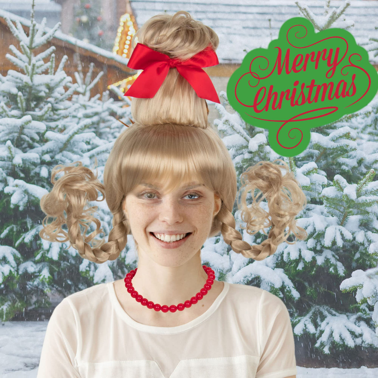 Koonfan Christmas Blonde Wig with Red Bow and Necklace Girls Women Long Braids Christmas Costume Wig Accessory