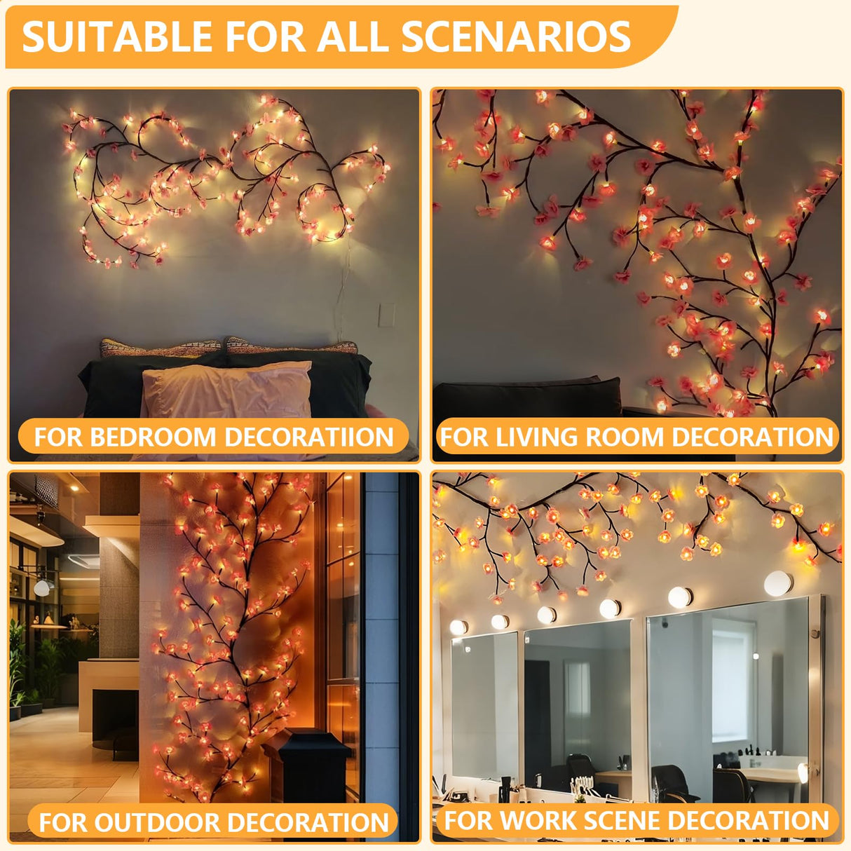 FNHMSL Cherry Enchanted Willow Vine Lights, 4FT 48LED Pink Cherry Blossom Tree Branch Lights for Wall, Remote Timer,8 Light Model,Bedroom Wall Doors Wedding, Christmas, USB Battery Box