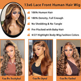 Linrkeyy Ombre Lace Front Wig Human Hair 13X6 Honey Blonde Highlight Wigs Human Hair Body Wave 180% Density HD Lace Frontal Wigs Human Hair Pre Plucked 4/27 Colored Glueless Wigs for Women 24 Inch
