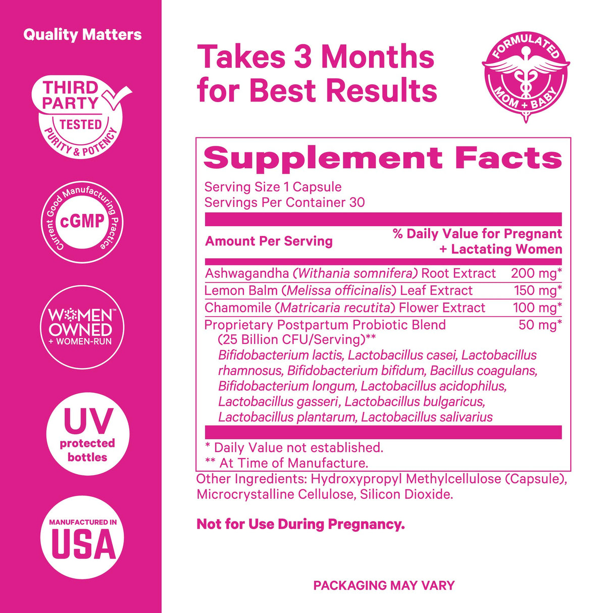 Pink Stork Probiotics for Postnatal Women - 30 Billion CFUS with Ashwagandha and Chamomile, Postpartum Essentials for Hormone Balance, Mood Support, Gut Health, Digestive Wellness, 30 Capsules