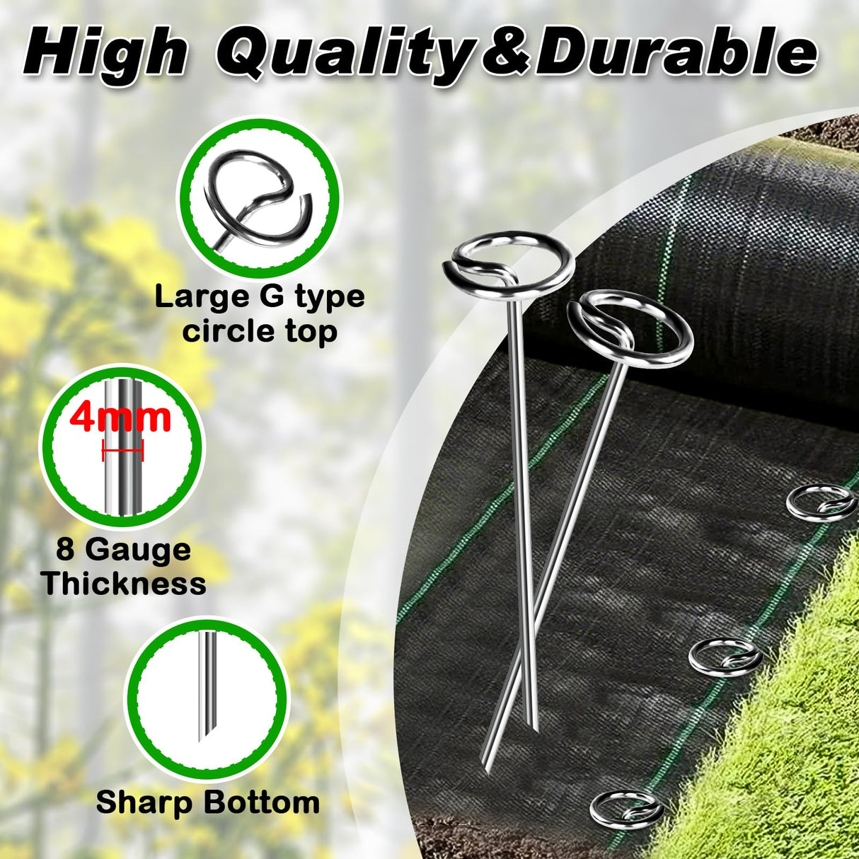 FEED GARDEN Heavy Duty Landscape Fabric Pins 8 Gauge 120 Pack with Pick Hook, 6 Inch Galvanized Round Head Garden Stakes for Weed Barrier Fabric, Turf, Sod, Tent, Garden Edging & Hard Soil