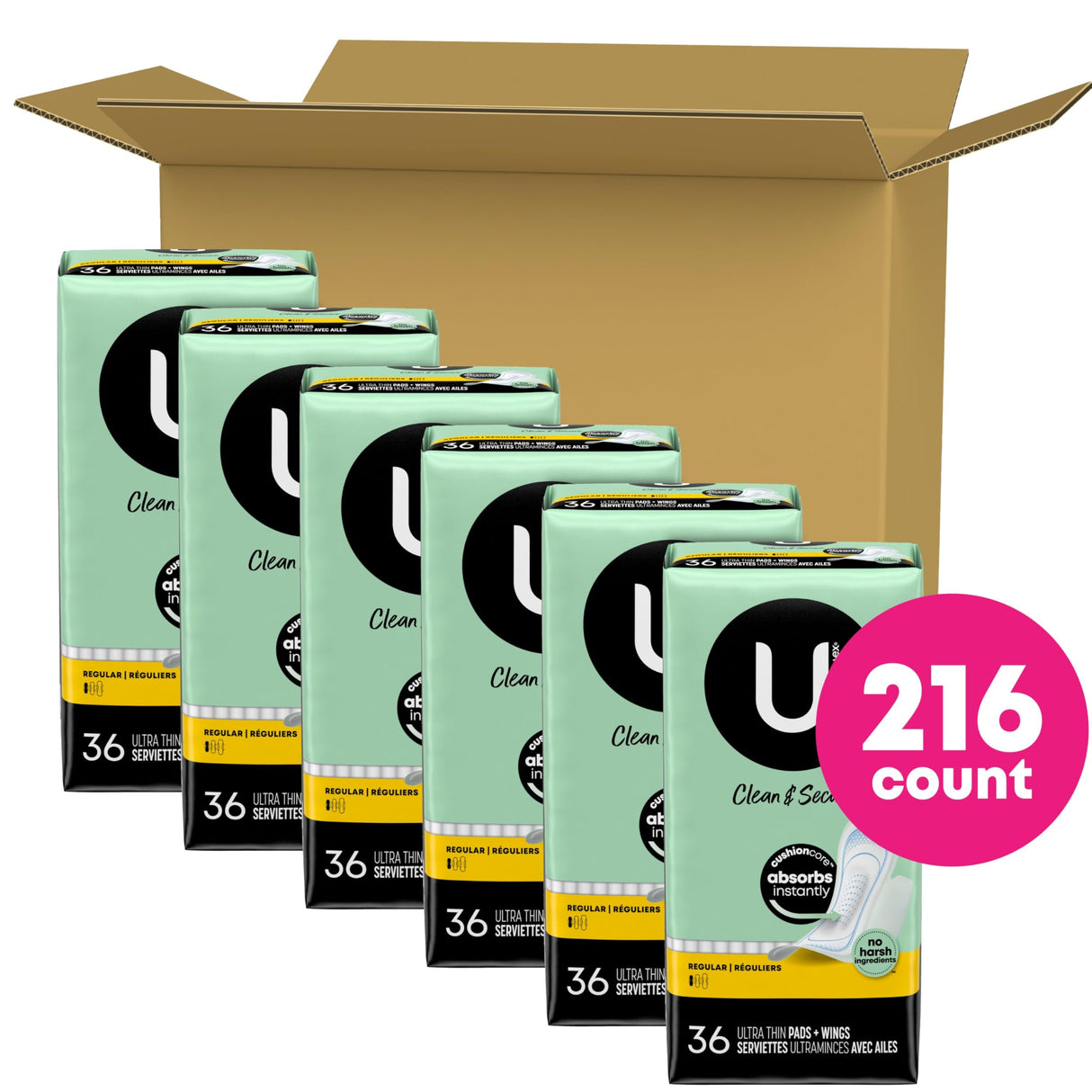 U by Kotex Clean & Secure Ultra Thin Pads with Wings, Regular Absorbency, 216 Count (6 Packs of 36) (Packaging May Vary)