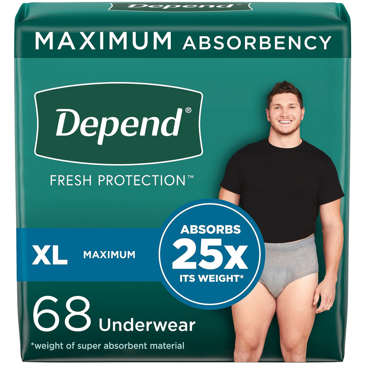Depend Fresh Protection Adult Incontinence Underwear for Men, Disposable, Maximum, Extra-Large, Grey, 68 Count (2 Packs of 34), Packaging May Vary