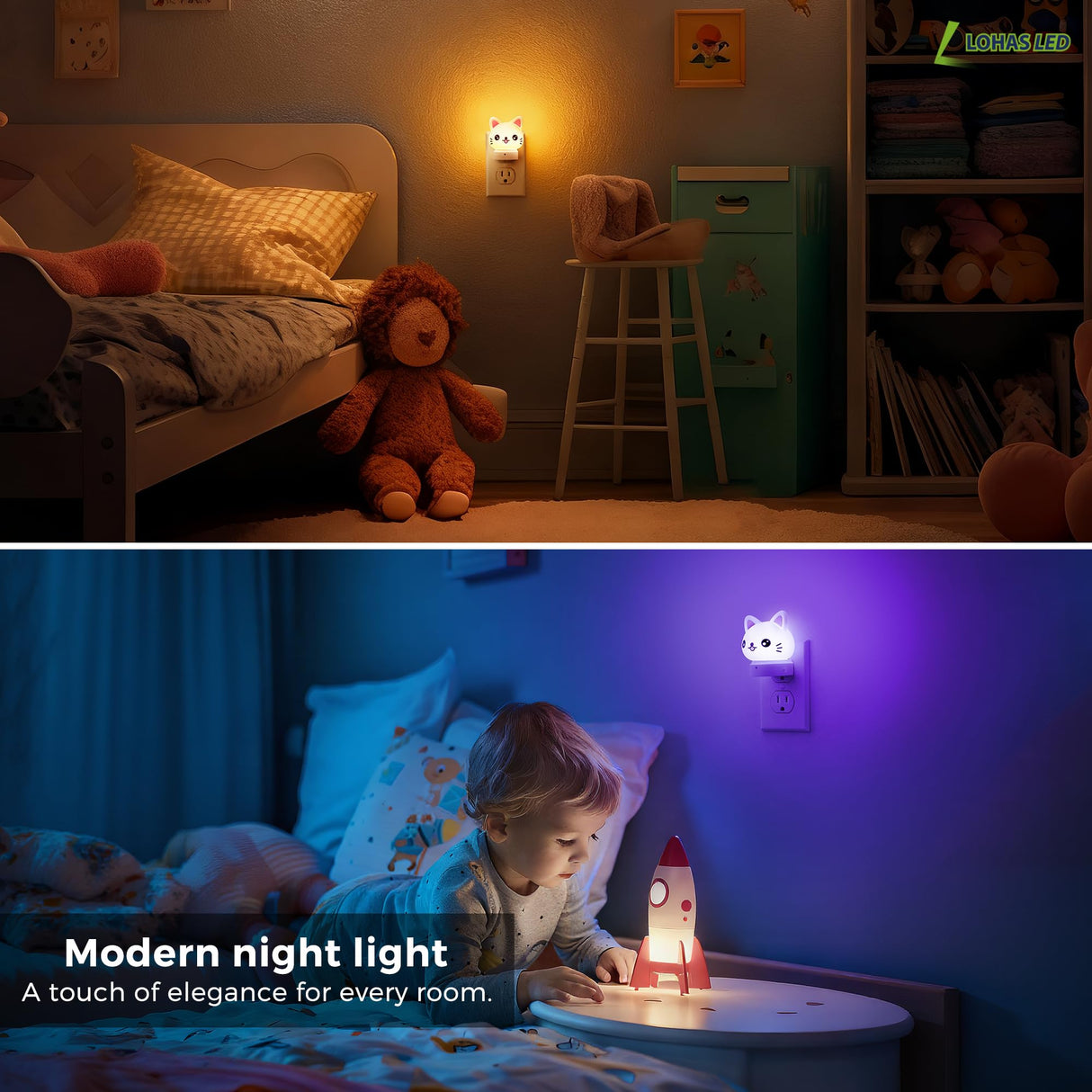 L LOHAS LED Plug in Night Light for Kids, 3D Cute Cat Night Lights with Dusk to Dawn Sensor, RGB+Soft White 3000K Cat Night Light, Christmas Birthday Gift Nightlight for Kids, Room Decor
