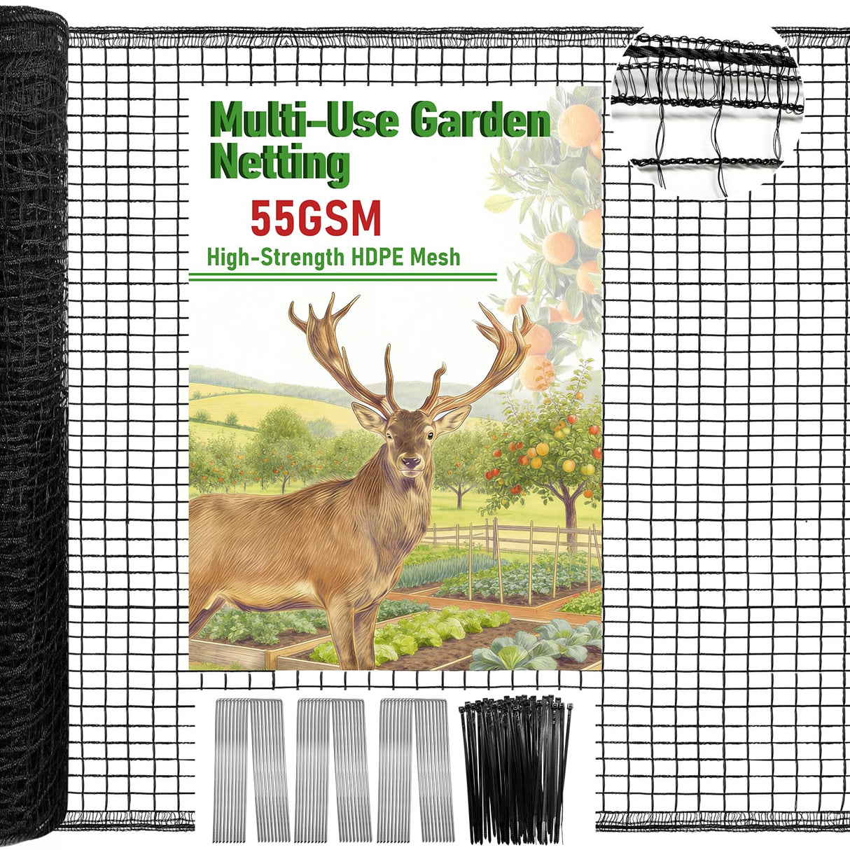 4 x 100ft Deer Fence Netting, Heavy Duty Deer Netting, 55GSM Deer Fence for Garden, Reinforced Edges Anti Bird Netting Mesh for Fruit Trees Vegetable, Raised Bed(55GSM, 4 x100ft)