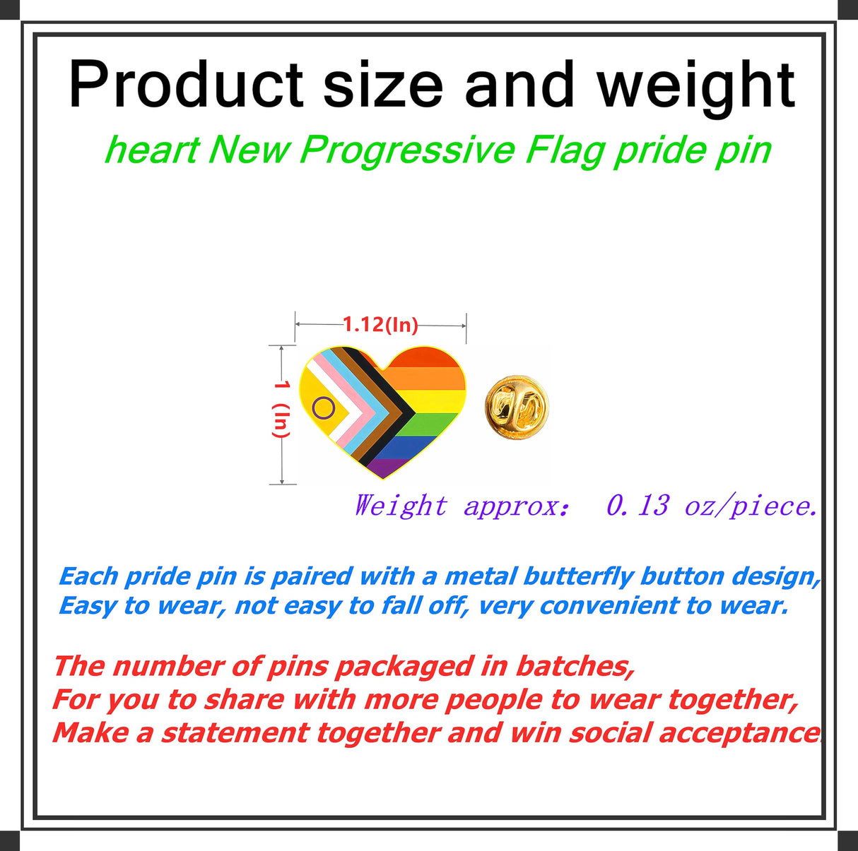 25/50/100/200 pieces heart new Progress Pride Pins LGBTQ Inclusive Progressive rainbow pride flag Lapel Pin for Clothes backpack hat Decoration Souvenir gift badge bulk (50)