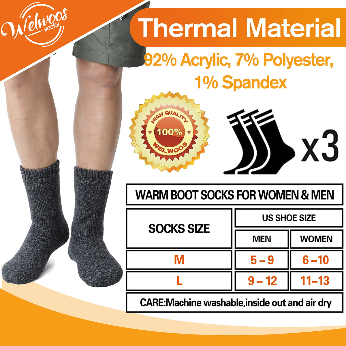 Welwoos Heated Thermal Socks for Women & Men Winter Warm Ski Thick Boot Insulated Gift Socks Stocking Stuffers for Women 3 Pairs (Dark Grey,L)