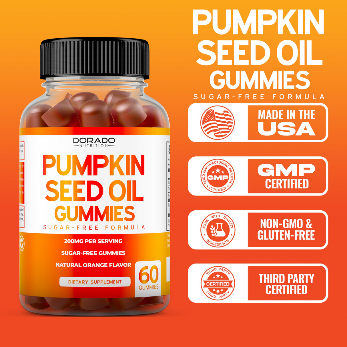 Pumpkin Seed Oil Gummies - 4,000mg Pumpkin Seed Oil For Hair Growth and Bladder Control - Sugar Free Gummy - Delicious Orange Flavor - Non GMO - Gluten Free - Vegan Supplement - (60 Count)