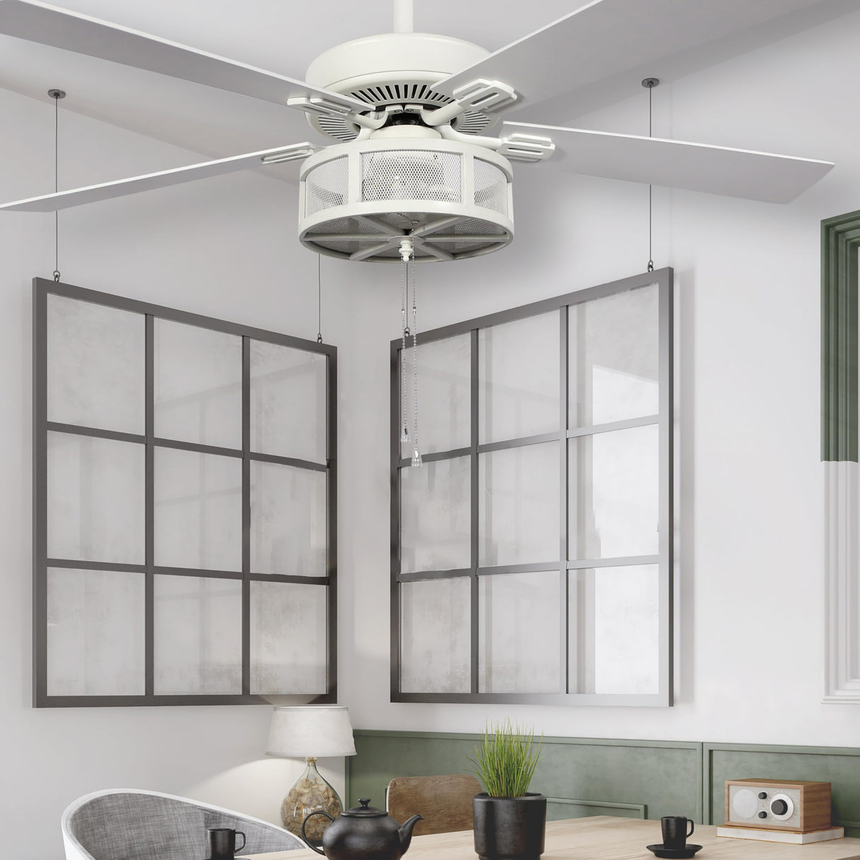 RIVER OF GOODS Alabaster LED Mesh Caged Ceiling Fan - 52" L X 52" W - White/Oak Wood-Grain Blades