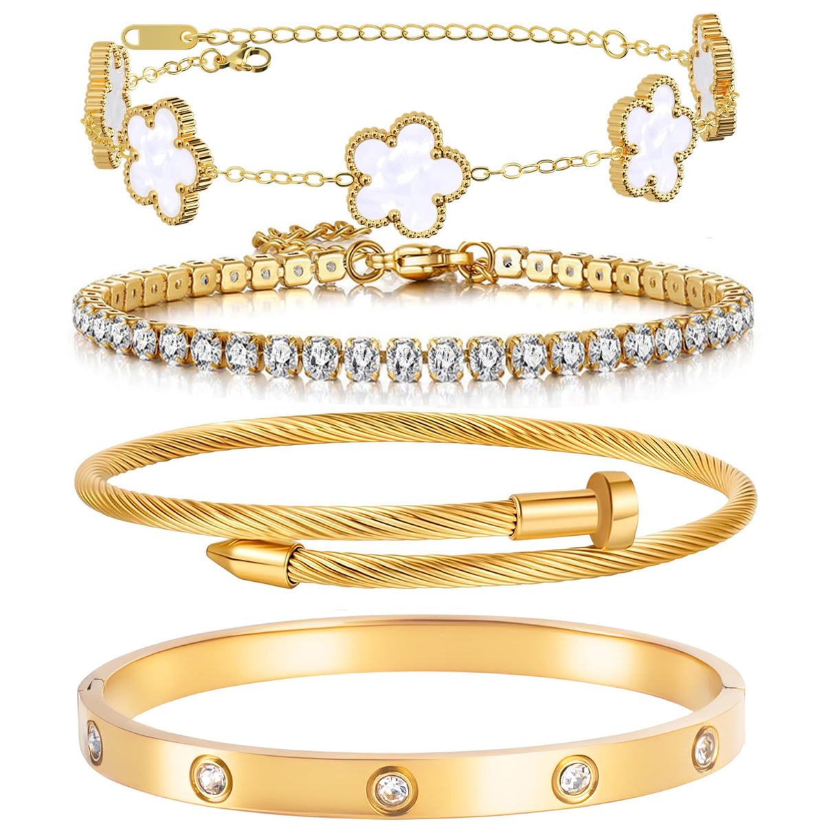 Lamdo 18K Gold Plated Stackable Floral Bracelet Set for Women, 4-Piece