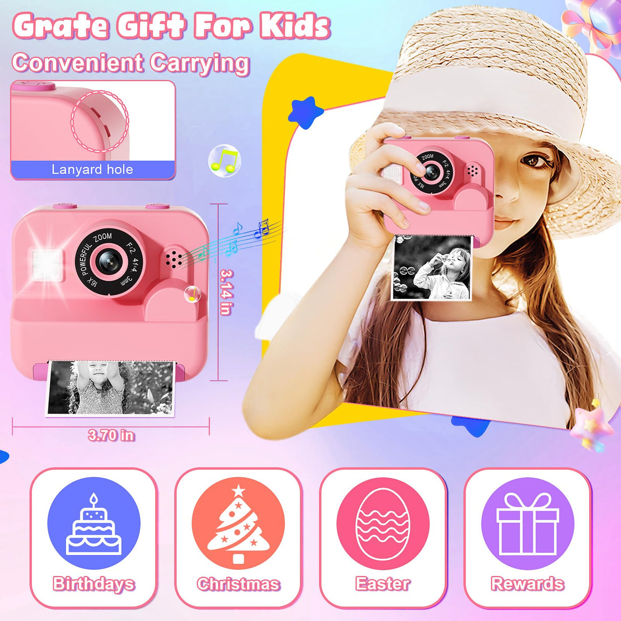 Kids Camera Instant Print - 1080P HD Video Digital Camera for Toddler with Printing Photo Paper, Portable Toy for 4 5 6 7 8 9 10 Years Old, Christmas Birthday Gifts for Boys Girls (Pink)