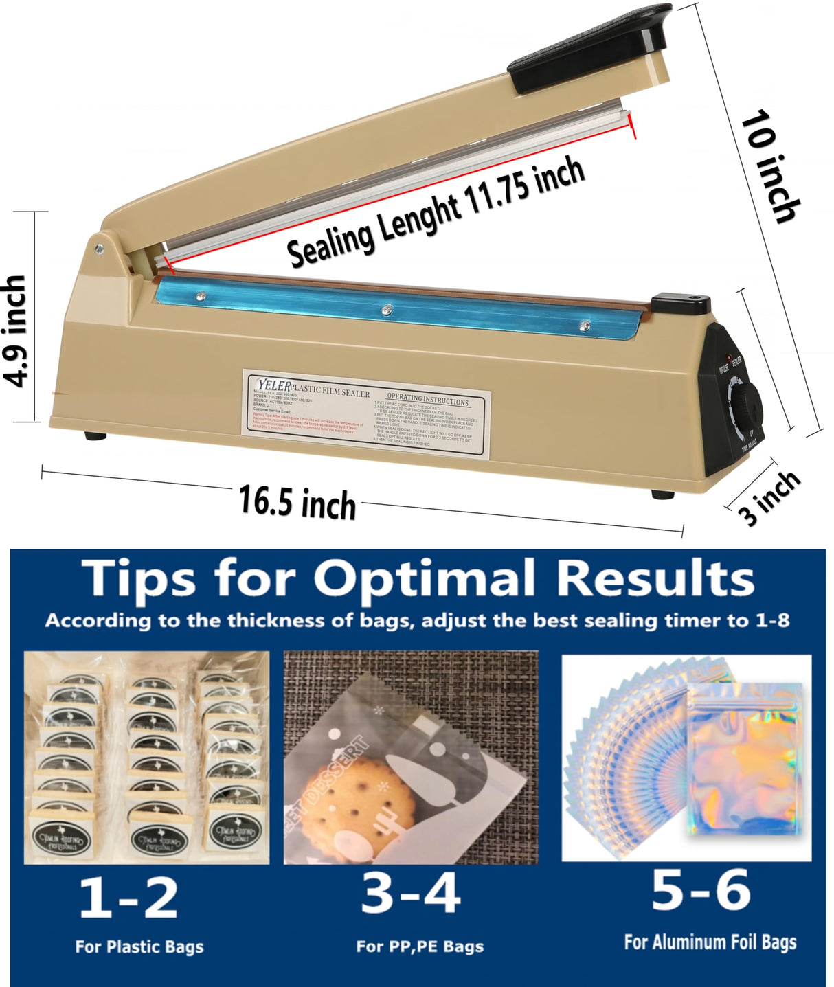 Yeler 12 Inch Impulse Heat Sealer - Manual Poly Bag Sealer Machine for Plastic PE PP Bags - Extra Replace Element Grip (Beige)