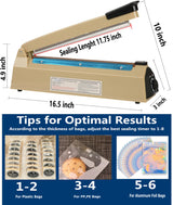 Yeler 12 Inch Impulse Heat Sealer - Manual Poly Bag Sealer Machine for Plastic PE PP Bags - Extra Replace Element Grip (Beige)