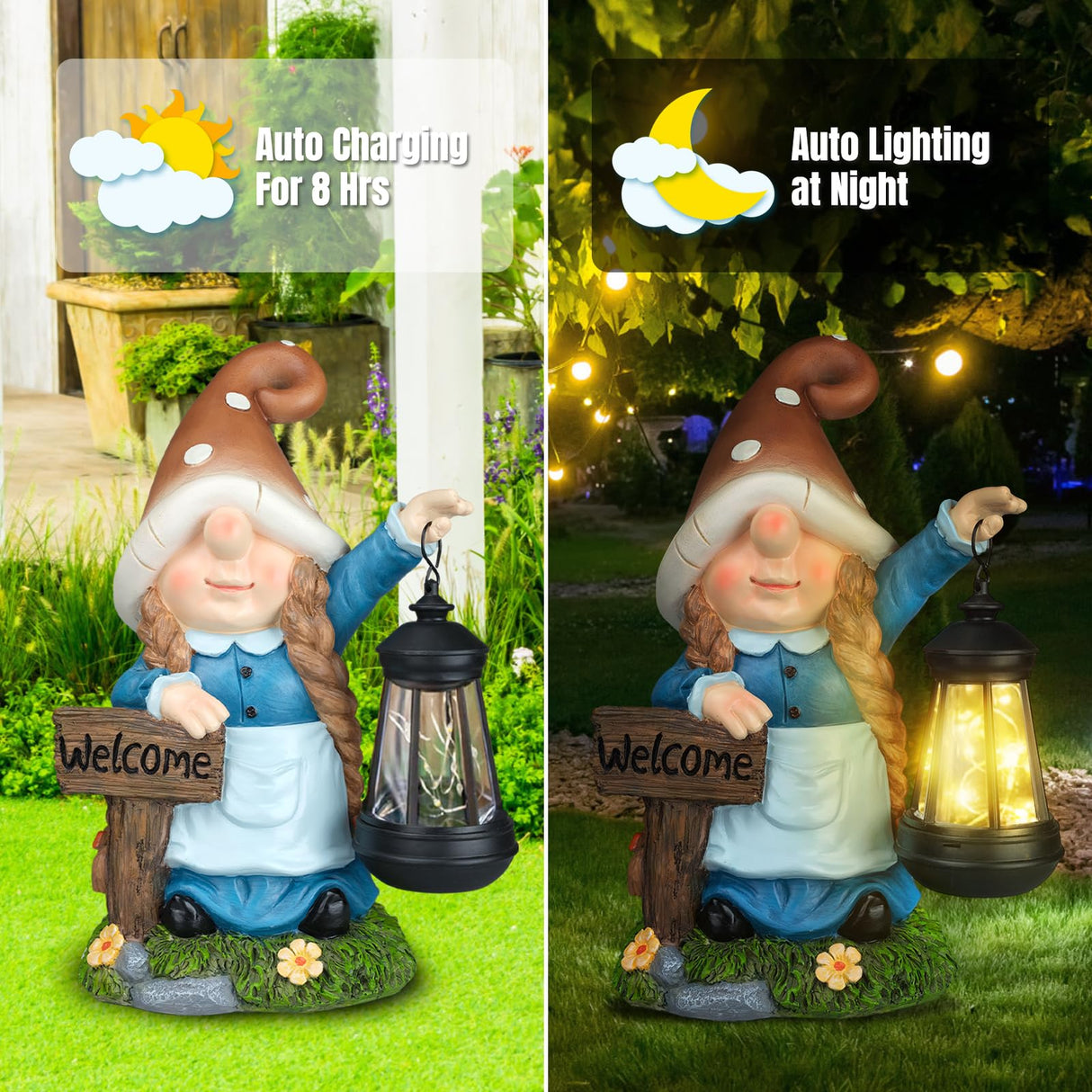FLJZCZM Solar Large Gnome Garden Statue with LED Lantern Welcome Sign Blue