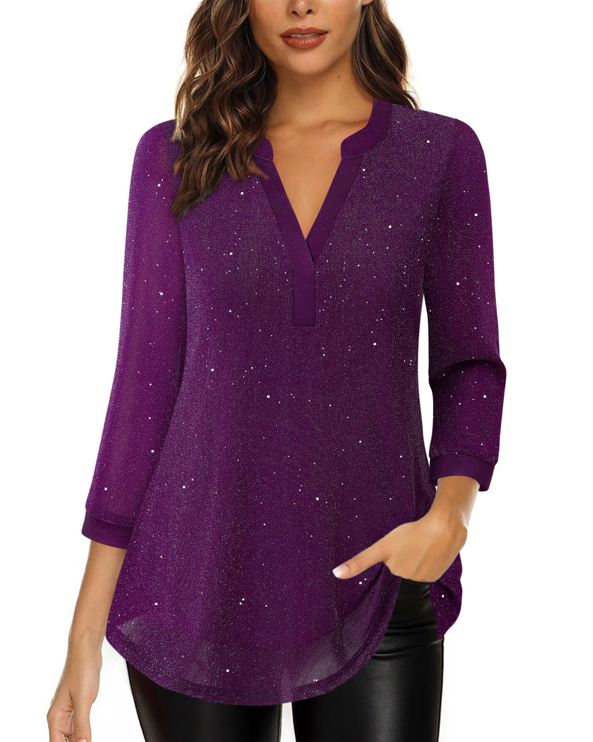 Timeson Fall Tops for Women 2025: 3/4 Sleeve Sparkly - Christmas Outfits for Women - Business Casual Tops Holiday Dressy Cocktail Party Classy Blouses Fancy Tunics Flowy Loose Fitted Clothes Purple M