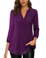 Timeson Fall Tops for Women 2025: 3/4 Sleeve Sparkly - Christmas Outfits for Women - Business Casual Tops Holiday Dressy Cocktail Party Classy Blouses Fancy Tunics Flowy Loose Fitted Clothes Purple M