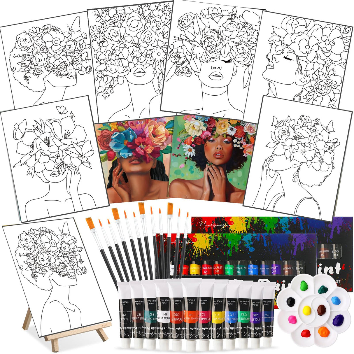 Cholemy 36 Pcs Paint and Sip Kit for Adults 8''x10'' Pre Drawn Canvas for Painting DIY Afro Acrylic Painting Kit Wood Easel Brushes Date Night Bulk for Christmas Party Gifts(Flower Lady)