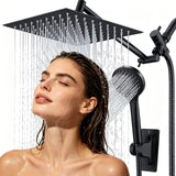 Peicuai Shower Head Combo, 10-Inch High-Pressure Rainfall Shower Head with 11-Inch Adjustable Extension Arm, 5-Setting Matte Black Handheld Shower with Long Hose, Powerful Spray for Low Water Pressure