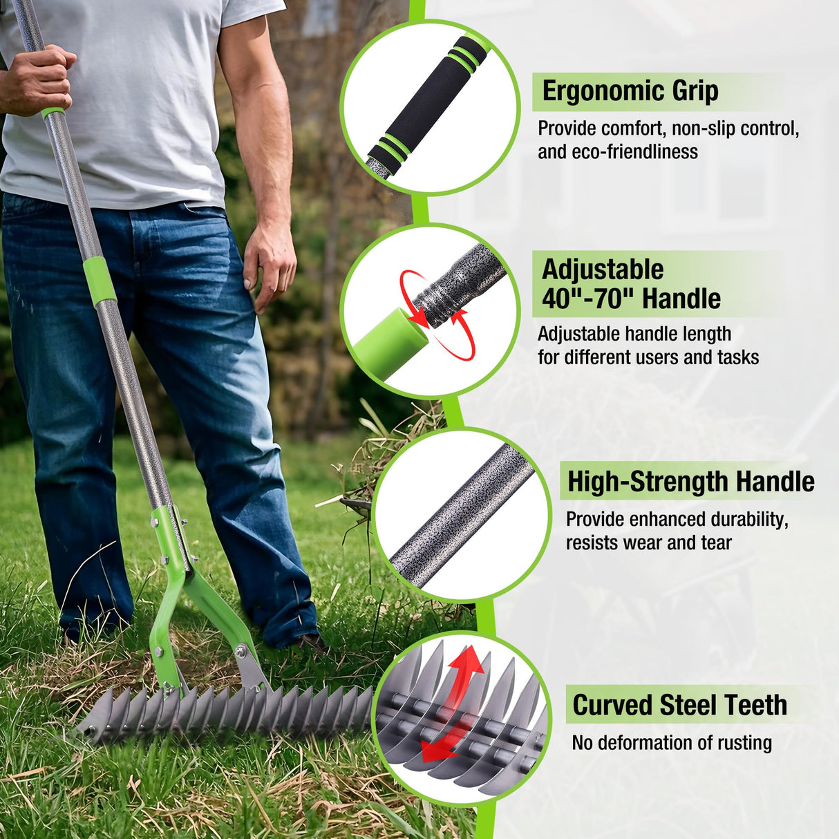 WORKPRO Thatch Rake, 15-Inch Thatching Rake for Lawns with 5FT Handle