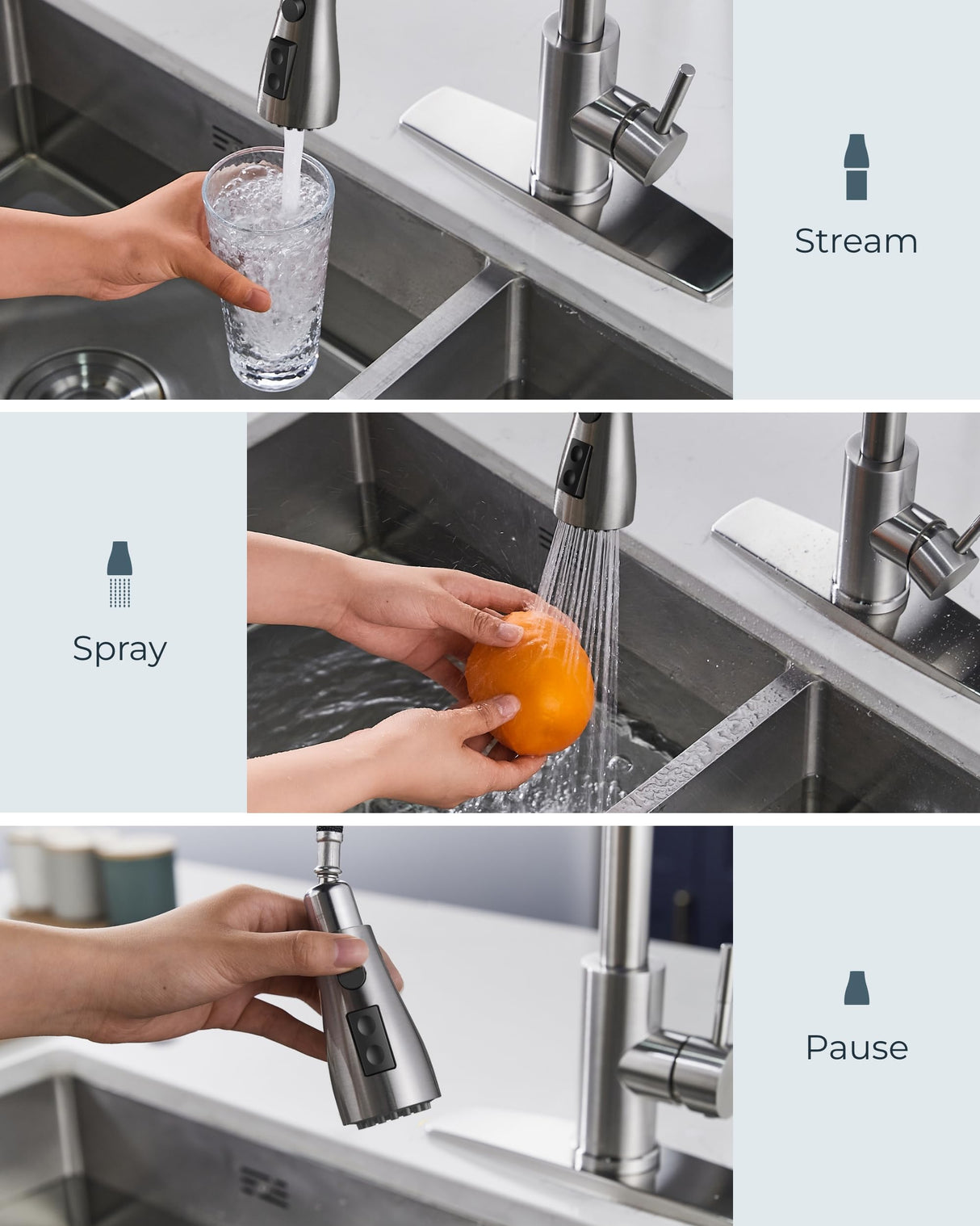 FORIOUS Kitchen Faucets with Soap Dispenser and Pull Down Sprayer, Brushed Nickel, Bar High Arc Single Handle Classic 3 Modes Stainless Steel Faucet for Kitchen Sink Farmhouse RV Laundry Camper