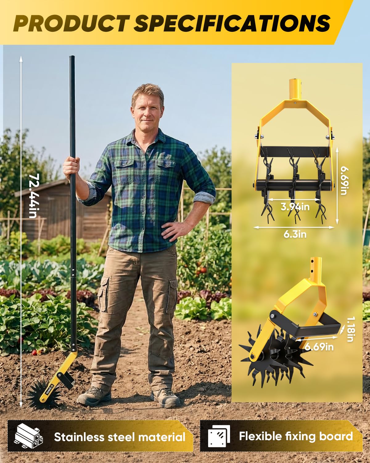 SAKER Rotary Cultivator Hand Tiller Tool – 2-in-1 Manual Garden Tiller & Weeder with Adjustable 72.4in Long Handle, 3-Blade Steel Rotary, Heavy Duty Soil Cultivator for Raised Beds, Yard & Garden