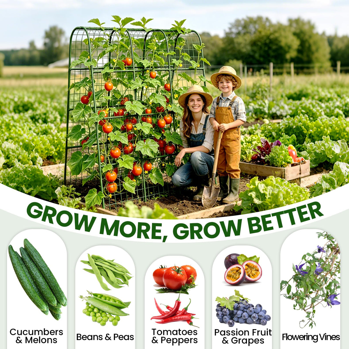 63" H x 47" L x 23" Cucumber Trellis for Raised Beds, Heavy Duty Metal Garden Arch Trellis with Nylon Net & Plant Ties, Vertical Trellis for Climbing Plants, Cucumbers, Tomatoes, Peas & Vines