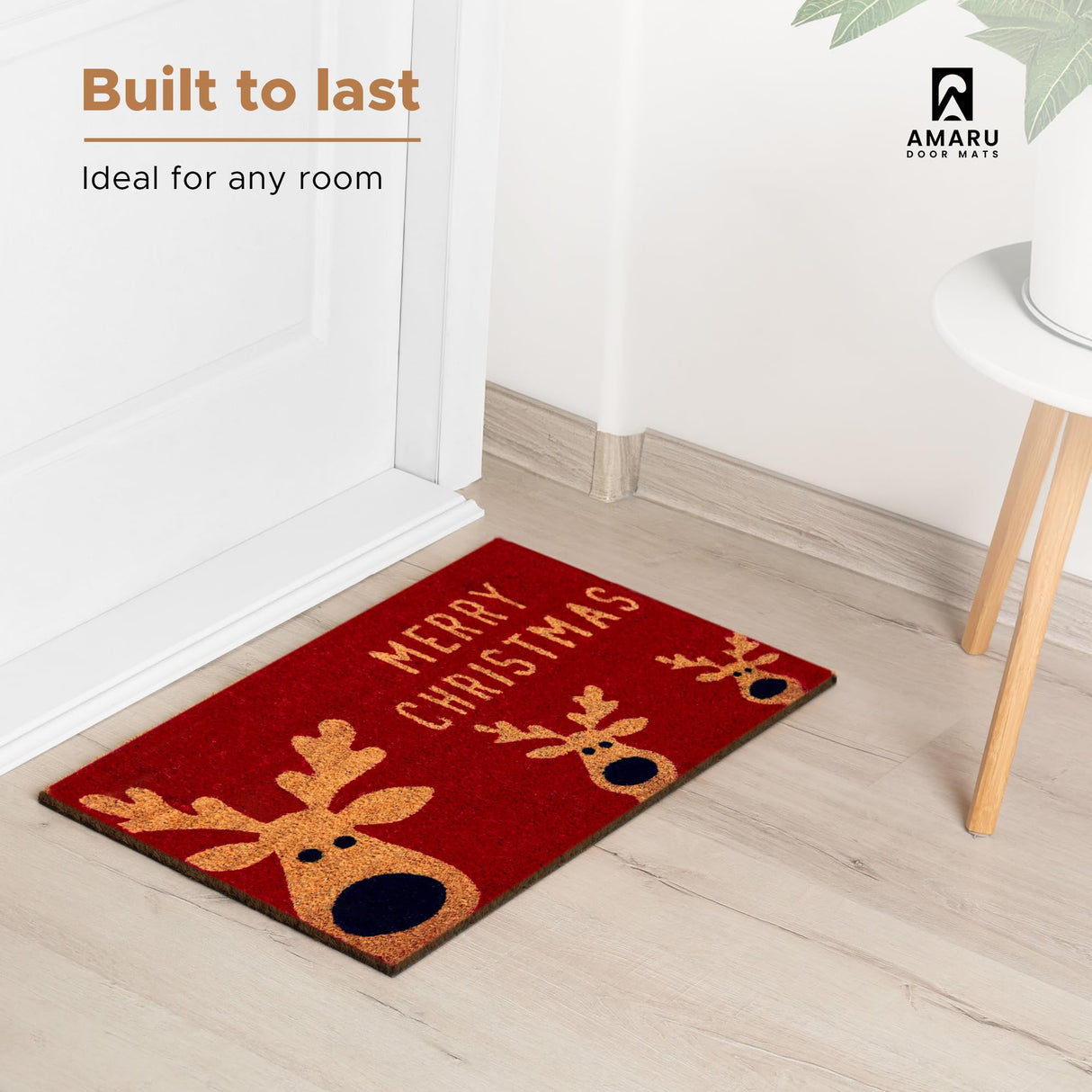 Christmas Reindeer - 17"x29" - Coir Door Mat with Heavy Duty Backing - Welcome Mats for Entryway, Porch - Anti-Slip PVC & Coconut Fiber Surface - Natural Home Accessories, Minimalist Original Design