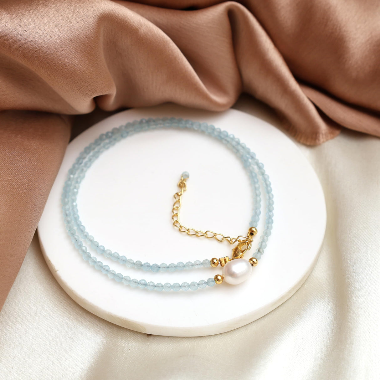 Gempires Aquamarine Pearl Choker Necklace for Women, March Birthstone