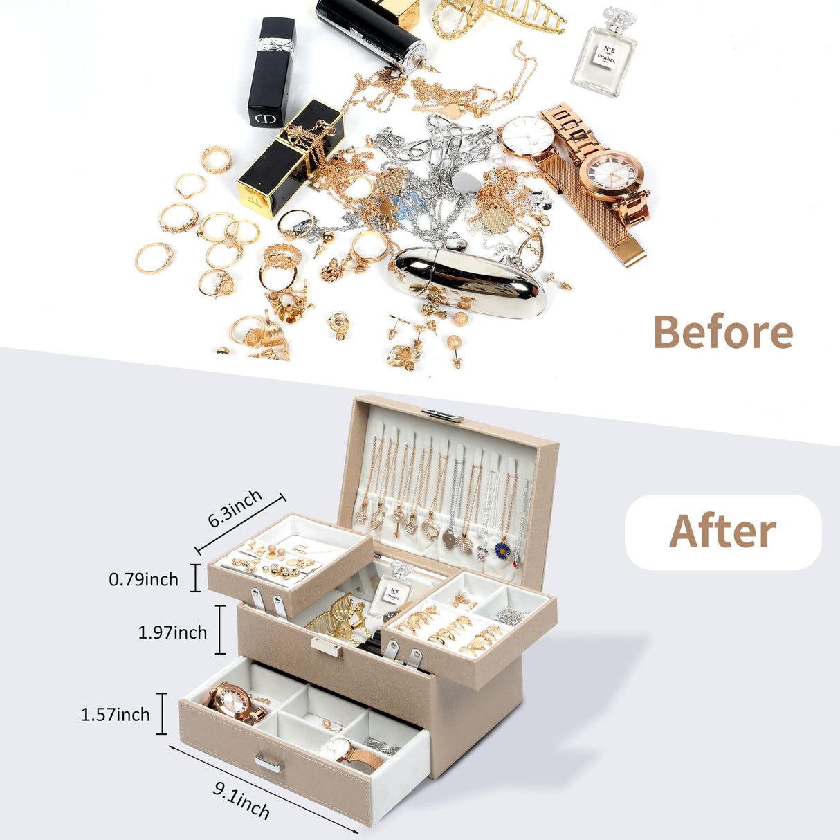 Dajasan Jewelry Box Organizer, Jewelry Boxes for Women Girls, 3 Layers Jewelry Gift Box for Christmas, Valentine's Day, Birthday, Mother's Day (Champagne)