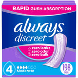 Always Discreet Adult Incontinence Pads for Women, Moderate Absorbency, Regular Length, Postpartum Pads, 198 CT