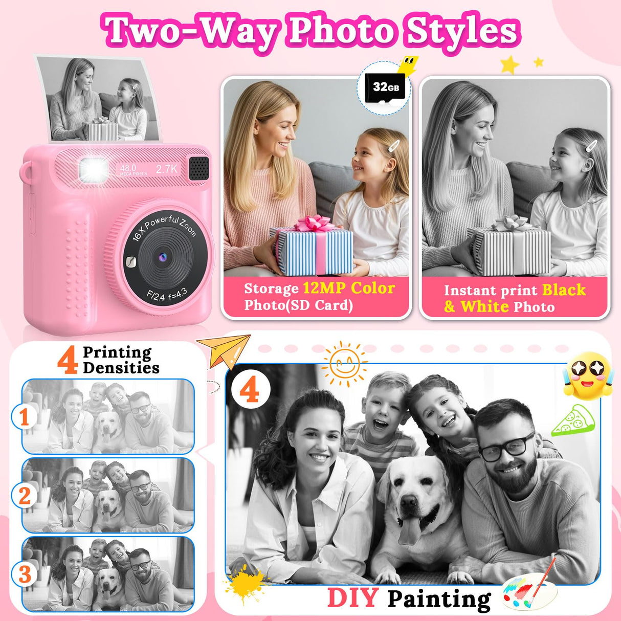 JPVERLY Kids Instant Print Camera - Christmas & Birthday Gift for Boys and Girls Ages 3-12, HD Digital Video Camera Toy with 3 Rolls Printing Paper & 32GB Card (Pink)
