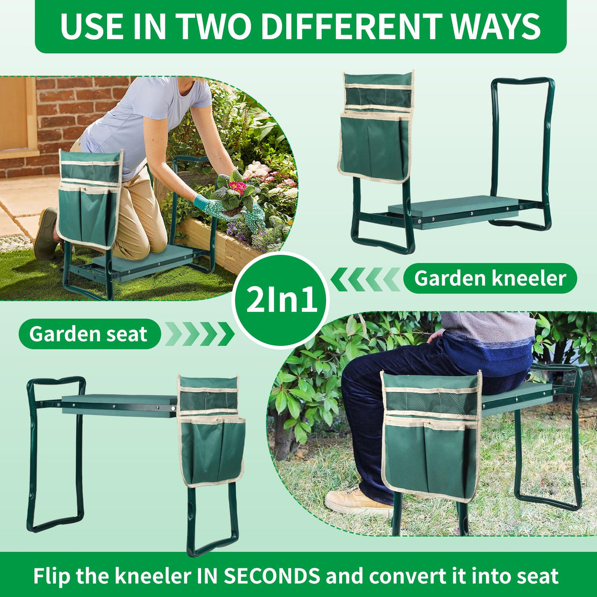 Gzdisbek Garden Kneeler and Seat, Portable Foldable Gardening Kneeling Bench Stool with Tool Pouch and EVA Foam Kneeling Pad, Gardening Gifts for Women, Men, Gardeners, Seniors