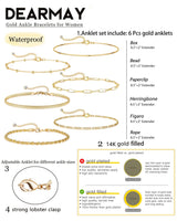DEARMAY 14K Gold Plated Anklets for Women, Waterproof Ankle Bracelets Trendy Layered Cuban Link Chain Herringbone Cute Summer Beach Jewelry Fashion Gift
