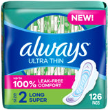 Always Ultra Thin Feminine Pads with Wings for Women, Super Absorbency, Unscented, Size 2, 126 Count