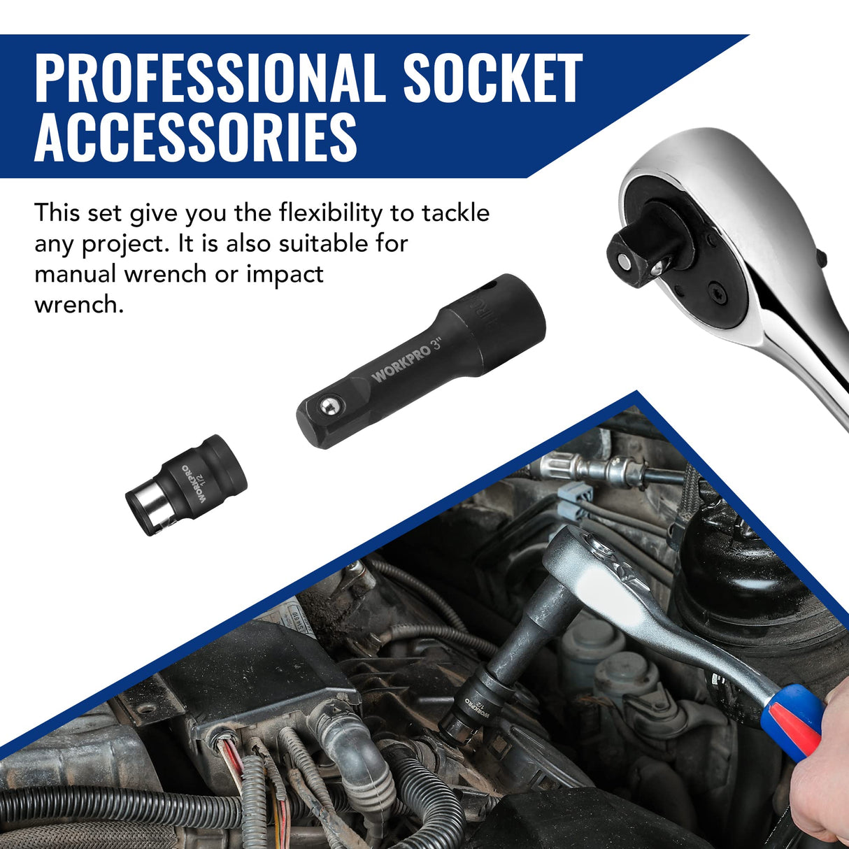 WORKPRO 18-Piece Impact Socket Extension Set, Includes Socket Adapters, Ratchet Extension Set, Socket Extension Bar, Swivel Universal Joints and Impact Coupler, 1/4", 3/8" & 1/2" Drive