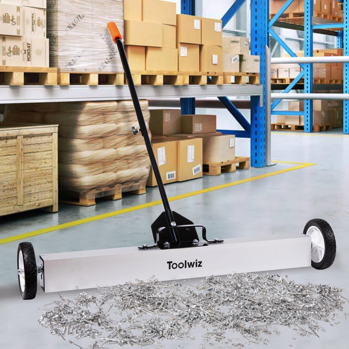 Toolwiz 36'' Magnetic Sweeper with Wheels, 50 Lbs Capacity Rolling Magnetic Floor Sweeper with Telescoping Holder and Quick Release Latch Industrial Heavy Duty Metal Pick Up 36 Inches
