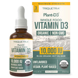 Organic Vitamin D3 10,000 IU - Plant D3, Vegan, Max Strength Sublingual Liquid D3 Drops - 200% Higher Absorption, 100% Plant-Based Cholecalciferol Form & Vegan D3, Adjustable Dosing (30 Servings)