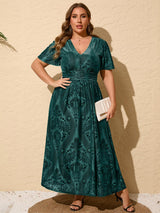 Simplee Womens V Neck Plus Size Velvet Dress Holiday Winter Christmas Party Long Formal Dress for Wedding Guest (2XL Dark Green)