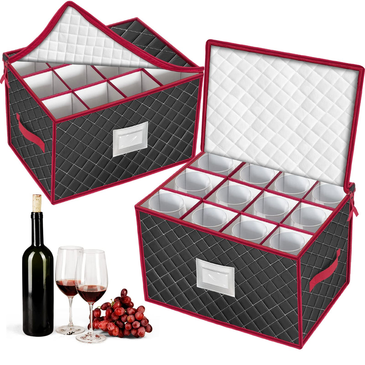 VERONLY Christmas Stemware Storage Cases with Dividers- Holds 24 Wine Glass Storage or Crystal Glassware Containers, China Storage Containers with 2 Handles and Lable Window -Set of 2 Black