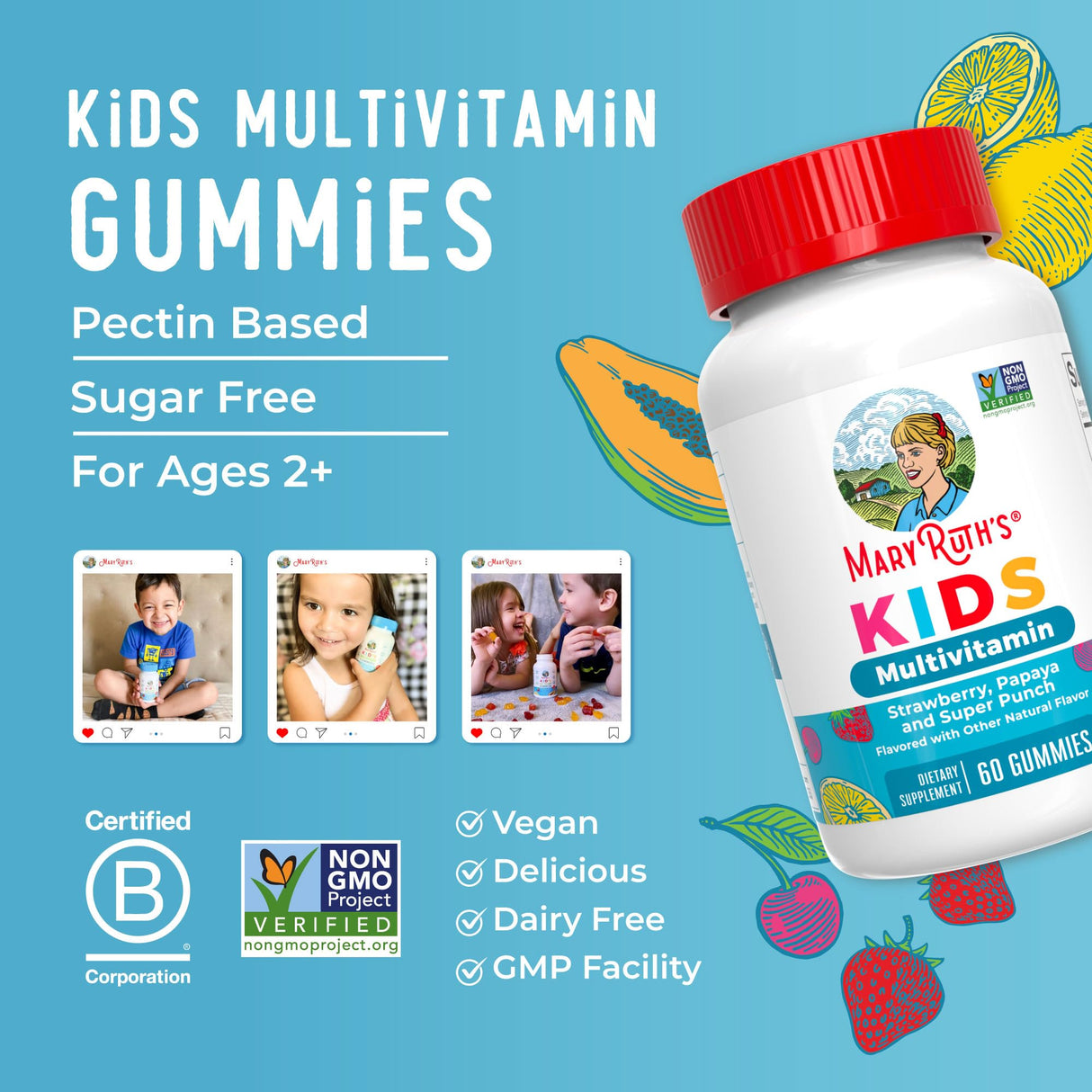 MaryRuth Organics Kids Vitamins | Multi | Sugar Free | 2 Month Supply | Kids Multivitamin Gummies for Ages 2+ | Vegan | Only 1 Gummy a Day | 60 Count