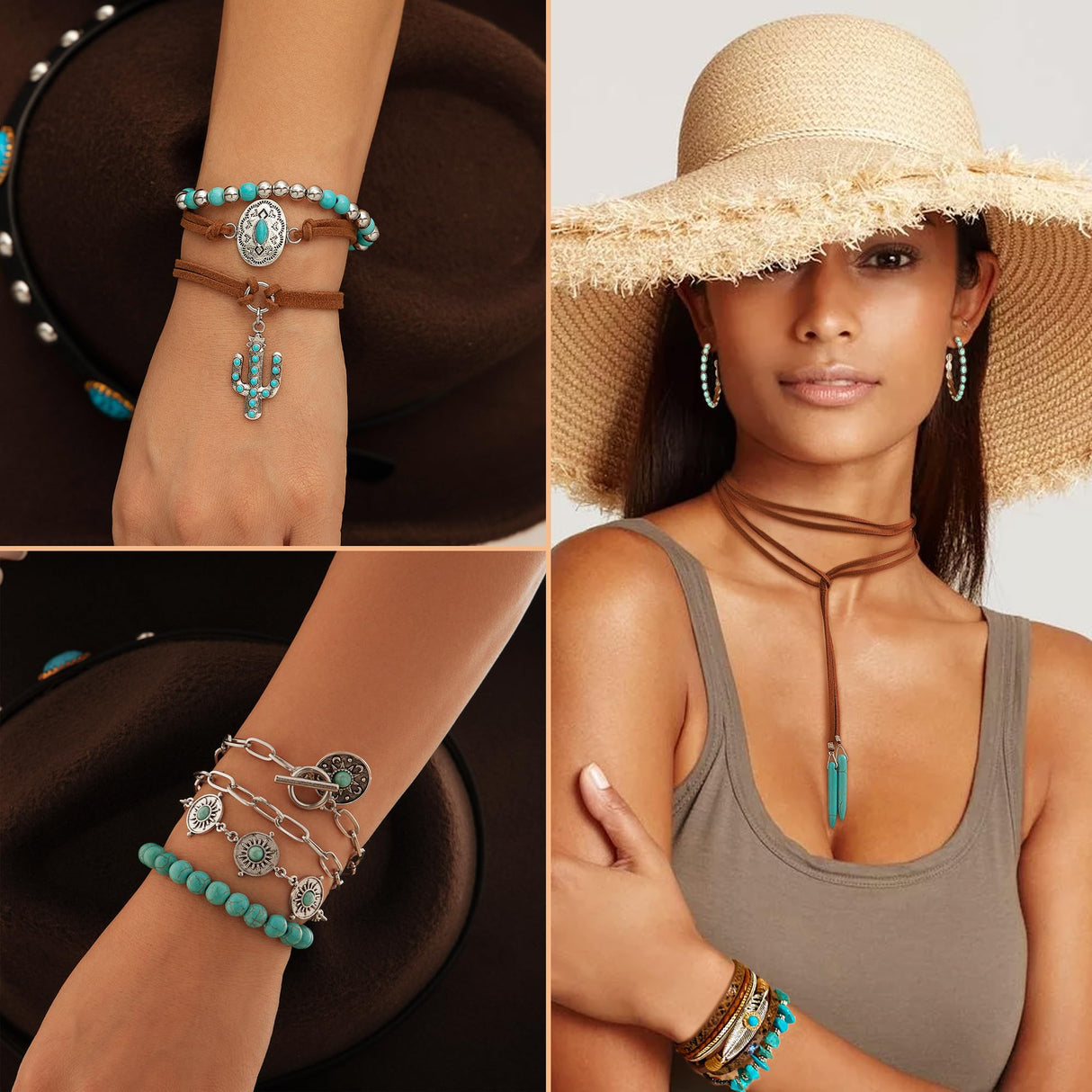 FEYIR Bohemian Turquoise Jewelry Set for Women Boho Turquoise Layered Necklace Bracelet Western Belt Stackable Ring Earrings Western Jewelry Accessories