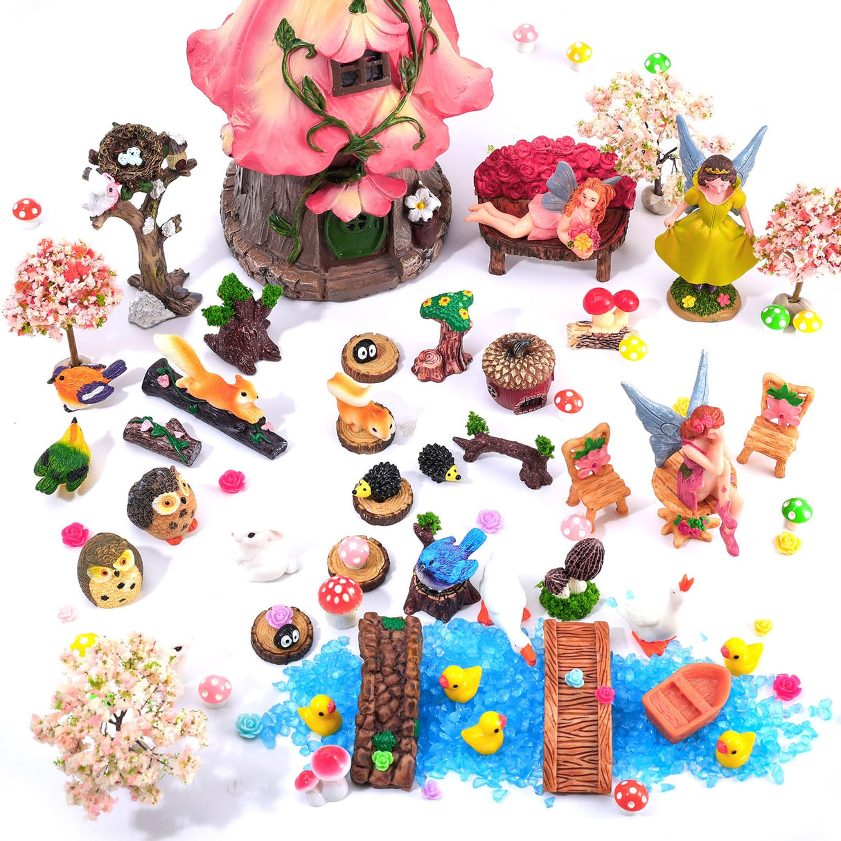 HIYZI 93 Pcs Fairy Garden House Resin Accessories Fairy Elves Kit Miniature Fairy Figurines Ornaments Animals Decor Outdoor for DIY Dollhouse